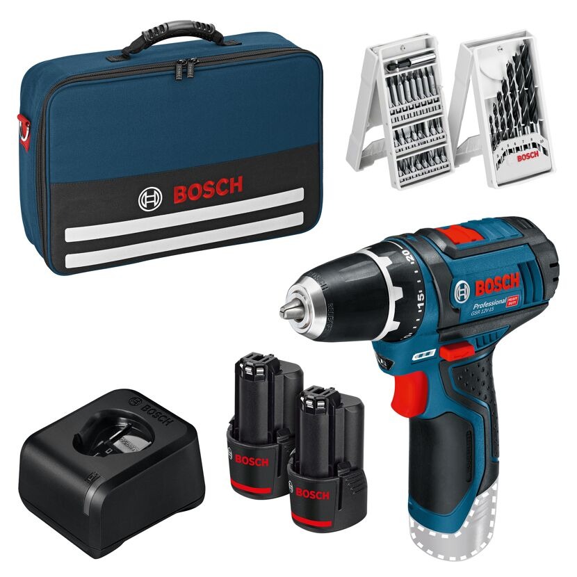 Bosch GSR 12V-15 Akku-Bohrschrauber 12V, inkl. 2 Akkus, Tasche und Zubehör